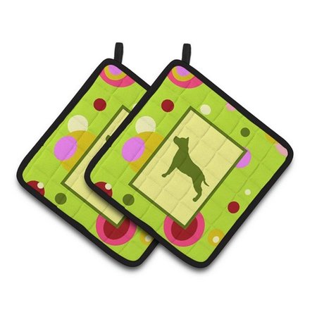 CAROLINES TREASURES Lime Green Dots Staffie Pair of Pot Holders, 7.5 x 3 x 7.5 in. CK1007PTHD